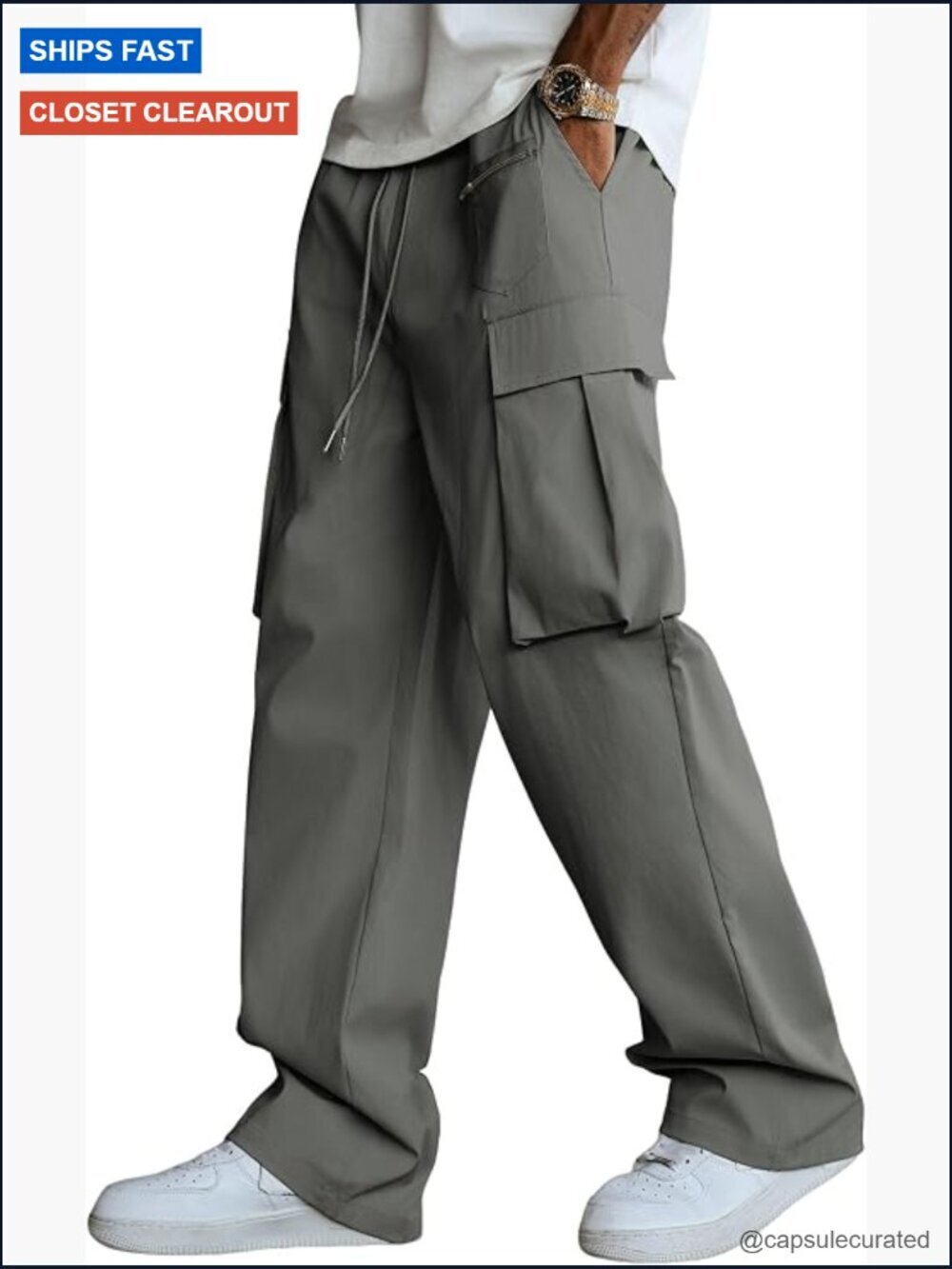 Men's Baggy Cargo Pants Work Casual Straight Leg Hiking Drawstring Tactical